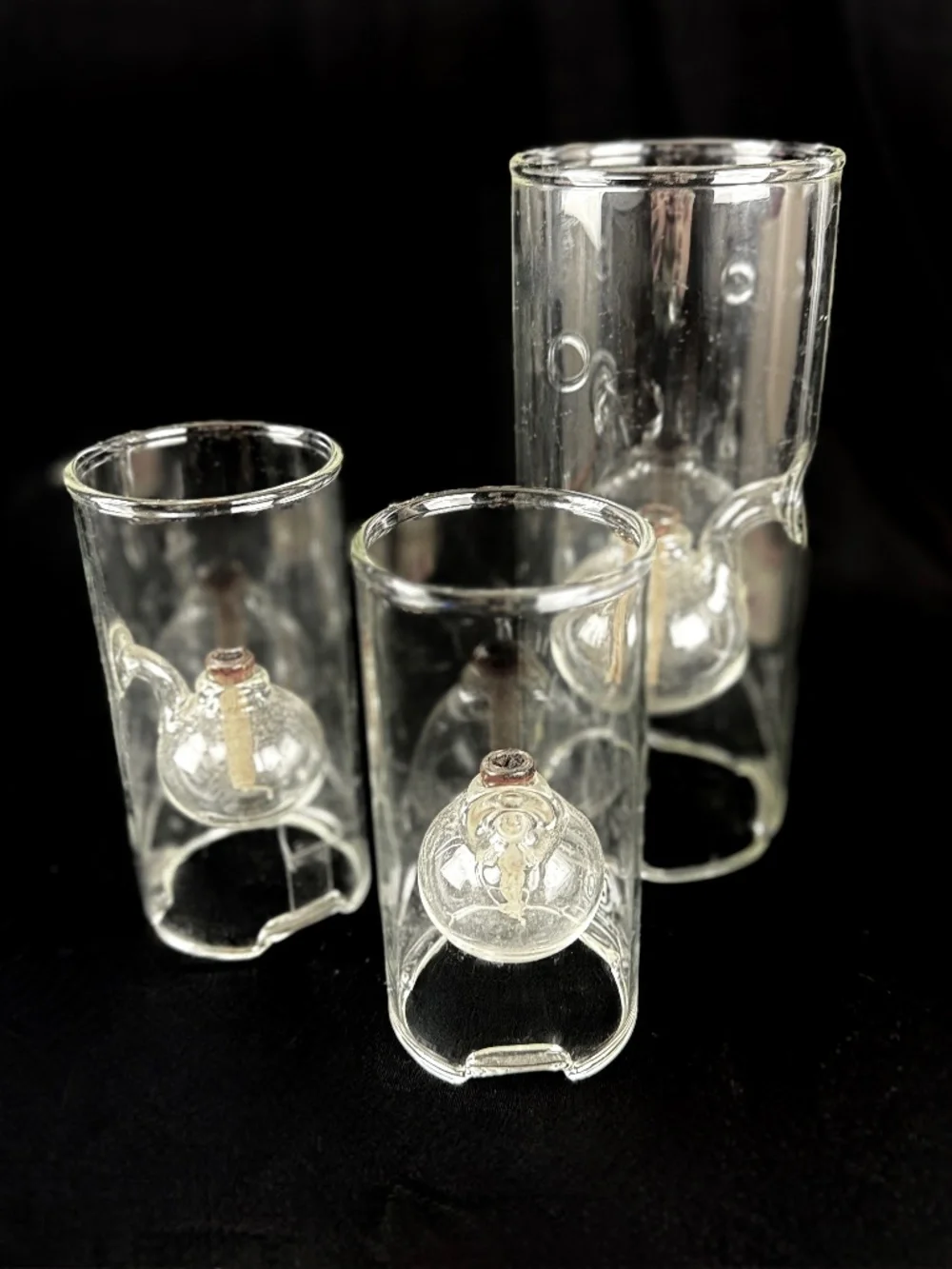 3 Wolfard Clear Glassblowing Hand Blown Classic Chamber Glass Oil Lamps 9 & 6 in